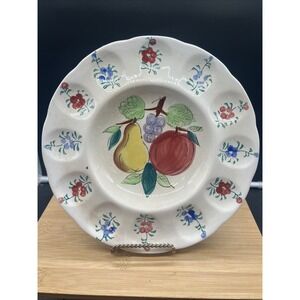 Vintage UCAGCO Ceramic Fruit and Flowers Deviled Egg Plate Tray Holds 12 Eggs